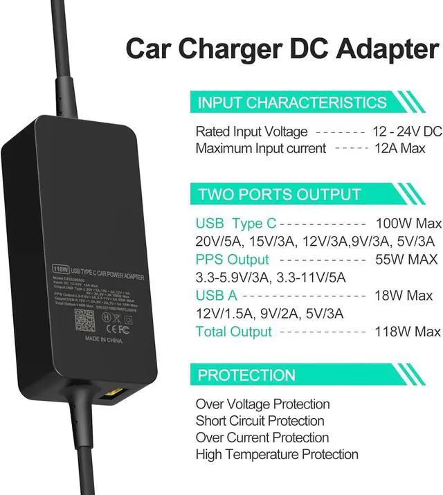 Alt view image 6 of 7 - 100W Laptop Car Charger USB C Car Charger for Dell Latitude/Precision/XPS, Compatible MacBook Pro/Air,HP Spectre/Elitebook,Samsung Galaxy,Asus,acer,Lenovo ThinkPad/Yoga/Idea Car Laptop Charger