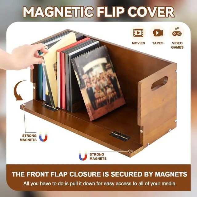 Alt view image 6 of 7 - 2 Pack Wooden DVD Storage Organizer Boxes, Holds 52 DVDs,Brown | 26 Each, Solid Wood Media Storage with Carry Handles for DVDs, CDs, Blu-ray Discs, Movie Cases and Cassette Tapes