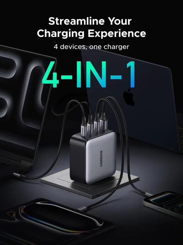 Alt view image 5 of 7 - Nexode 200W GaN USB C Wall Charger, 4-Port Foldable Compact Fast Type-C Power Adapter Compatible with MacBook Pro/Air, Dell XPS, HP 14, iPad, iPhone 17/16/15 Series, Galaxy S25/S24, Pixel 10/9