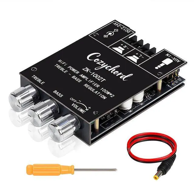 Main image of ZK-1002T Bluetooth 5.0 Stereo Amplifier Board, 200W HiFi 2.0 Channel Mini Audio Amp Module with Treble & Bass Control, AUX Input, DC 12V-24V for DIY Speakers,Home Audio