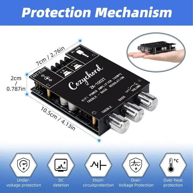 Alt view image 4 of 7 - ZK-1002T Bluetooth 5.0 Stereo Amplifier Board, 200W HiFi 2.0 Channel Mini Audio Amp Module with Treble & Bass Control, AUX Input, DC 12V-24V for DIY Speakers,Home Audio