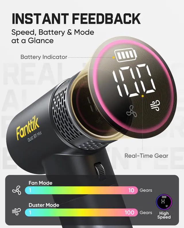 Alt view image 5 of 7 - Gust B11 Mix 2-in-1 Electric Air Duster & Portable Fan | 110000RPM Brushless Motor, 100-Speed Adjustable, One-Tap Booster, Rechargeable Blower for PC, Electronics & Outdoor Cooling