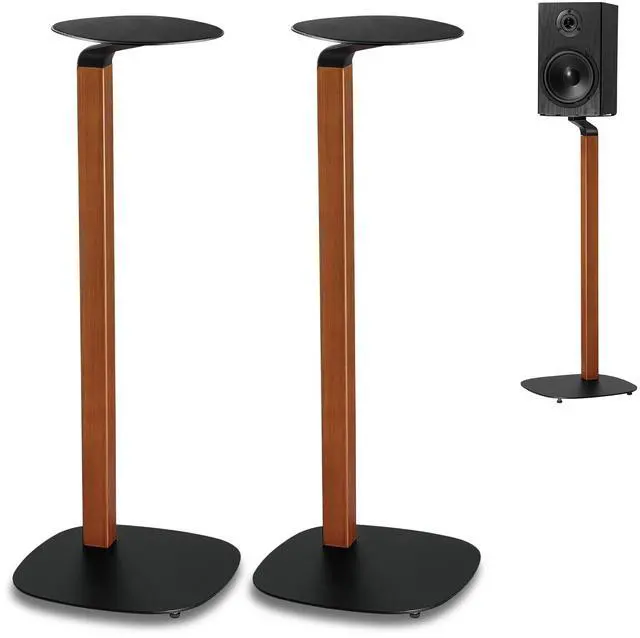 Main image of Wood and Metal Speaker Stands, Pair, Black and Walnut | 30.75in floor standing for bookshelf and compact speakers, 22 lb capacity, cable management, walnut wood and black metal