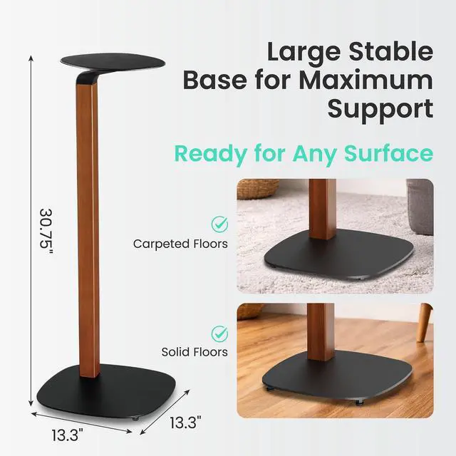 Alt view image 3 of 6 - Wood and Metal Speaker Stands, Pair, Black and Walnut | 30.75in floor standing for bookshelf and compact speakers, 22 lb capacity, cable management, walnut wood and black metal