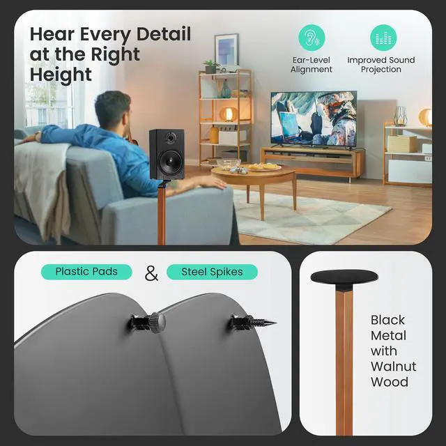 Alt view image 4 of 6 - Wood and Metal Speaker Stands, Pair, Black and Walnut | 30.75in floor standing for bookshelf and compact speakers, 22 lb capacity, cable management, walnut wood and black metal