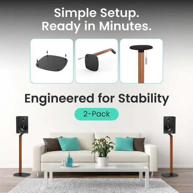 Alt view image 5 of 6 - Wood and Metal Speaker Stands, Pair, Black and Walnut | 30.75in floor standing for bookshelf and compact speakers, 22 lb capacity, cable management, walnut wood and black metal