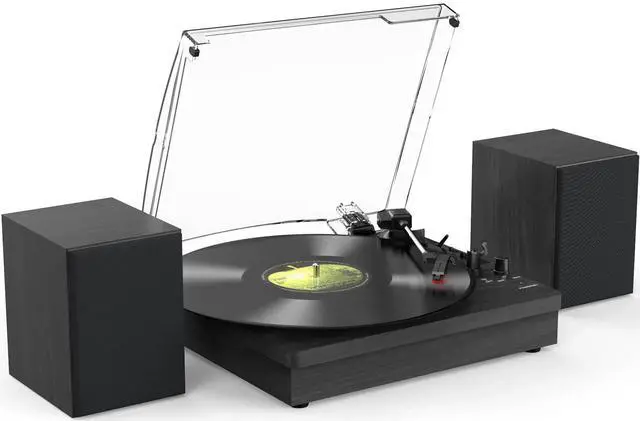 Main image of ® Record Player with 2 External Speakers, Vinyl Turntable, Black | 3-Speed Belt-Drive Turntable for 33/45/78 RPM Vinyl, Bluetooth Wireless Playback, Auto Stop, AUX Headphone Input and RCA Out