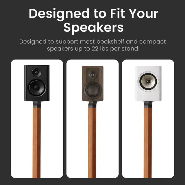 Alt view image 6 of 6 - Wood and Metal Speaker Stands, Pair, Black and Walnut | 30.75in floor standing for bookshelf and compact speakers, 22 lb capacity, cable management, walnut wood and black metal