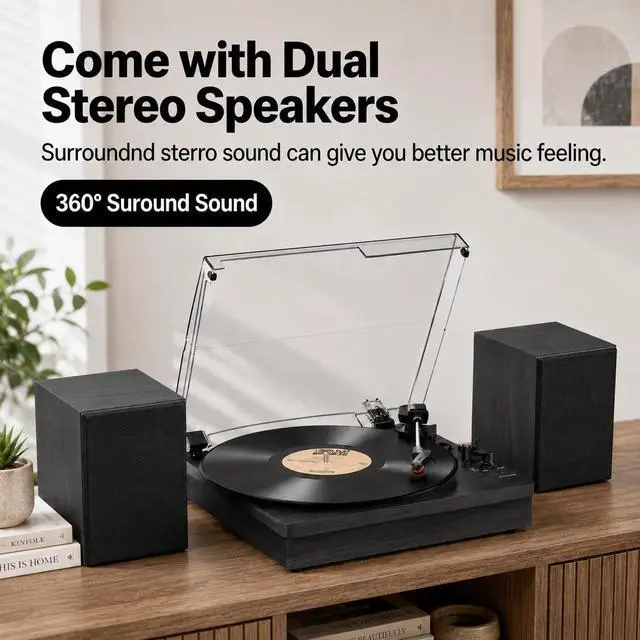 Alt view image 3 of 7 - ® Record Player with 2 External Speakers, Vinyl Turntable, Black | 3-Speed Belt-Drive Turntable for 33/45/78 RPM Vinyl, Bluetooth Wireless Playback, Auto Stop, AUX Headphone Input and RCA Out