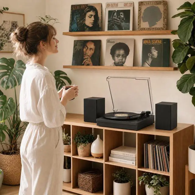 Alt view image 5 of 7 - ® Record Player with 2 External Speakers, Vinyl Turntable, Black | 3-Speed Belt-Drive Turntable for 33/45/78 RPM Vinyl, Bluetooth Wireless Playback, Auto Stop, AUX Headphone Input and RCA Out