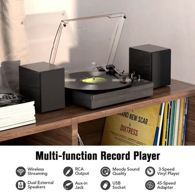 Alt view image 6 of 7 - ® Record Player with 2 External Speakers, Vinyl Turntable, Black | 3-Speed Belt-Drive Turntable for 33/45/78 RPM Vinyl, Bluetooth Wireless Playback, Auto Stop, AUX Headphone Input and RCA Out