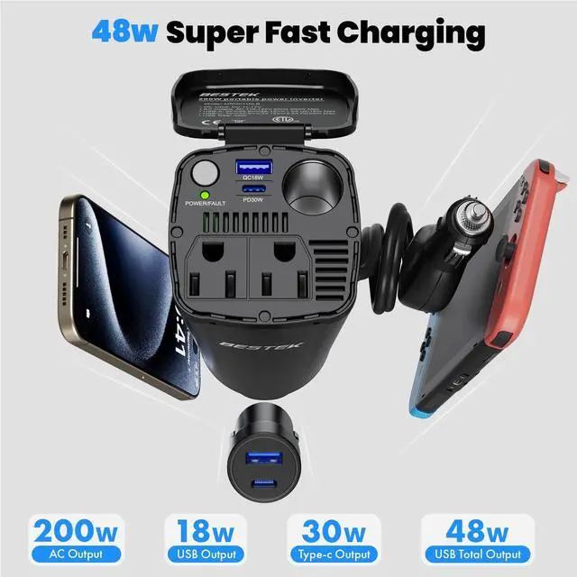 Alt view image 3 of 7 - 200W Power Inverter 12V DC to 110V AC Car Plug Adapter Converter | PD 30W USB-C/QC 18W USB-A Fast Charging, Dual AC Outlets, Car Cigarette Lighter Adapter for Phone/Laptop/Road Trip/Camping