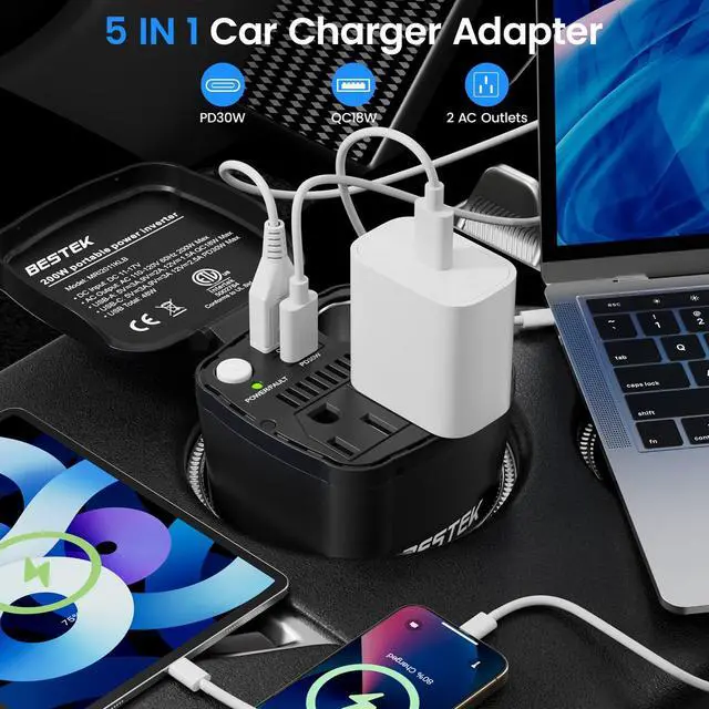 Alt view image 4 of 7 - 200W Power Inverter 12V DC to 110V AC Car Plug Adapter Converter | PD 30W USB-C/QC 18W USB-A Fast Charging, Dual AC Outlets, Car Cigarette Lighter Adapter for Phone/Laptop/Road Trip/Camping