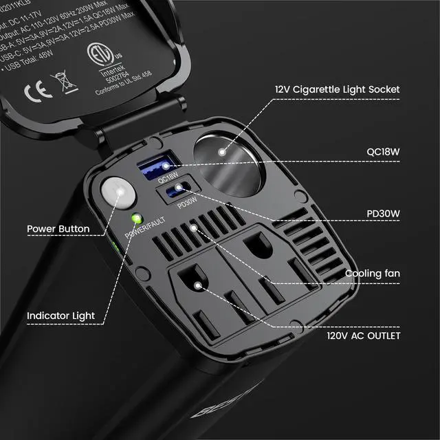 Alt view image 7 of 7 - 200W Power Inverter 12V DC to 110V AC Car Plug Adapter Converter | PD 30W USB-C/QC 18W USB-A Fast Charging, Dual AC Outlets, Car Cigarette Lighter Adapter for Phone/Laptop/Road Trip/Camping