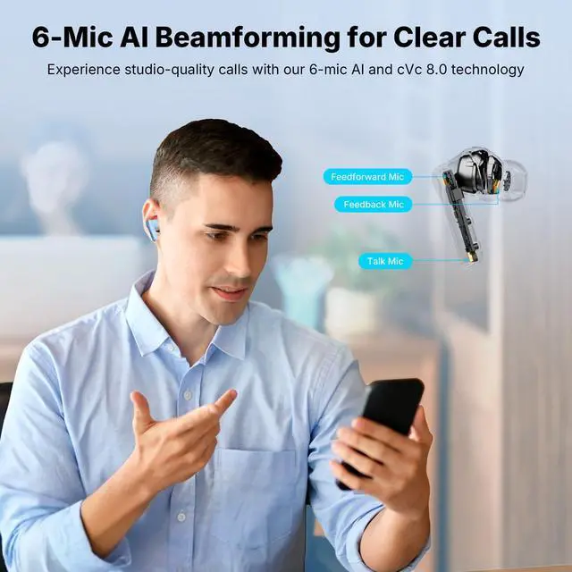 Alt view image 6 of 7 - Air Pro 4+ Adaptive Noise Cancelling Wireless Earbuds, Dual Drivers | Qualcomm aptX Lossless, Translation Earbuds, Snapdragon Sound, 6 Mics AI Calls, Hi-Res Sound, LDAC, Bluetooth 6.0, 54H, Blue