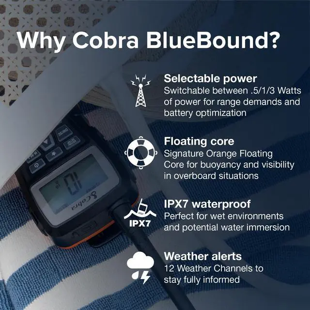 Alt view image 2 of 7 - BlueBound 150 VHF Handheld Marine Radio, Black - 3-Watt, Floats | Long Range, NOAA Weather Alerts, International Functionality, IPX7 Waterproof, USB-C, Submersible, LCD Screen, Belt Clip