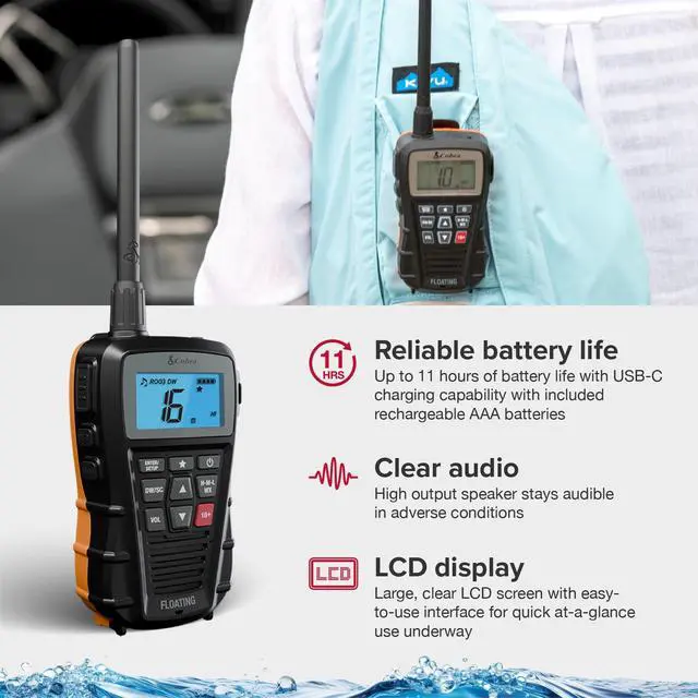 Alt view image 3 of 7 - BlueBound 150 VHF Handheld Marine Radio, Black - 3-Watt, Floats | Long Range, NOAA Weather Alerts, International Functionality, IPX7 Waterproof, USB-C, Submersible, LCD Screen, Belt Clip