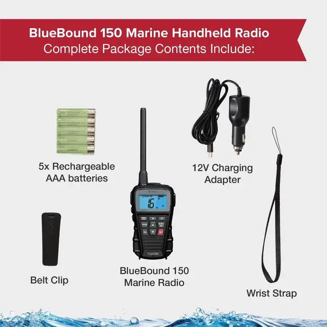 Alt view image 5 of 7 - BlueBound 150 VHF Handheld Marine Radio, Black - 3-Watt, Floats | Long Range, NOAA Weather Alerts, International Functionality, IPX7 Waterproof, USB-C, Submersible, LCD Screen, Belt Clip