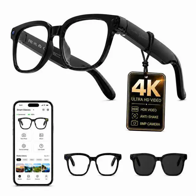 Main image of AI Smart Glasses with Camera, 4K Anti-Shake Video & Photo Capture | Real-Time Translation, Object Recognition, AI Assistant, Open-Ear Audio, Smart Glasses with Camera and Bluetooth, Black