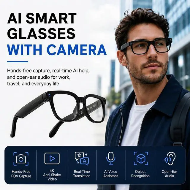 Alt view image 2 of 7 - AI Smart Glasses with Camera, 4K Anti-Shake Video & Photo Capture | Real-Time Translation, Object Recognition, AI Assistant, Open-Ear Audio, Smart Glasses with Camera and Bluetooth, Black