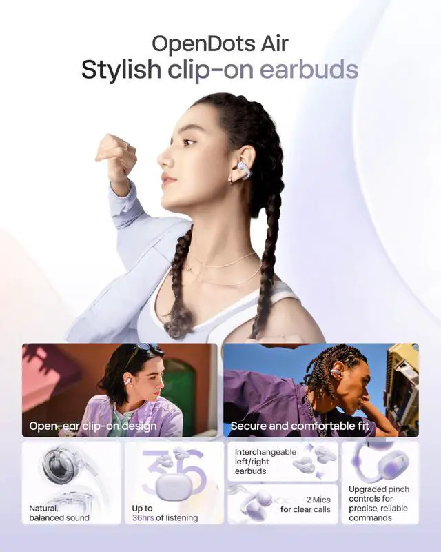 Alt view image 2 of 7 - OpenDots Air Open-Ear Clip-On Bluetooth Earbuds, Purple,Touch Control | Deep bass, secure fit, 36h playback, Bluetooth 6.1, AI noise reduction, IP55