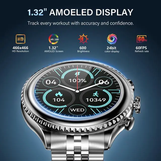 Alt view image 7 of 7 - 2026 Smart Watch for Men Answer/Make Call for Android iPhone, 1.32" AMOLED HD Screen Mens Luxury Watch, 1st Heavy Duty Smartwatch Heart Rate Blood Oxygen Blood Pressure Sleep Monitor Pedometer