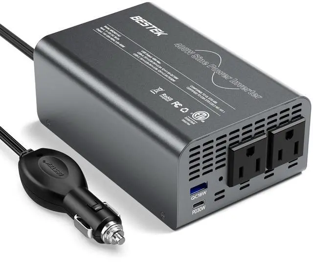 Main image of Pure Sine Wave Power Inverter, 400W DC 12V to 110V AC Car Converter | Fast Vehicle Charger Adapter with PD30W USB-C / QC18W USB-A, Dual AC Outlet, Car Plug Adapter Outlet for Phone, Laptop(Gray)