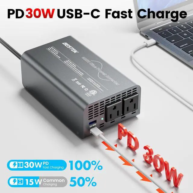 Alt view image 3 of 7 - Pure Sine Wave Power Inverter, 400W DC 12V to 110V AC Car Converter | Fast Vehicle Charger Adapter with PD30W USB-C / QC18W USB-A, Dual AC Outlet, Car Plug Adapter Outlet for Phone, Laptop(Gray)