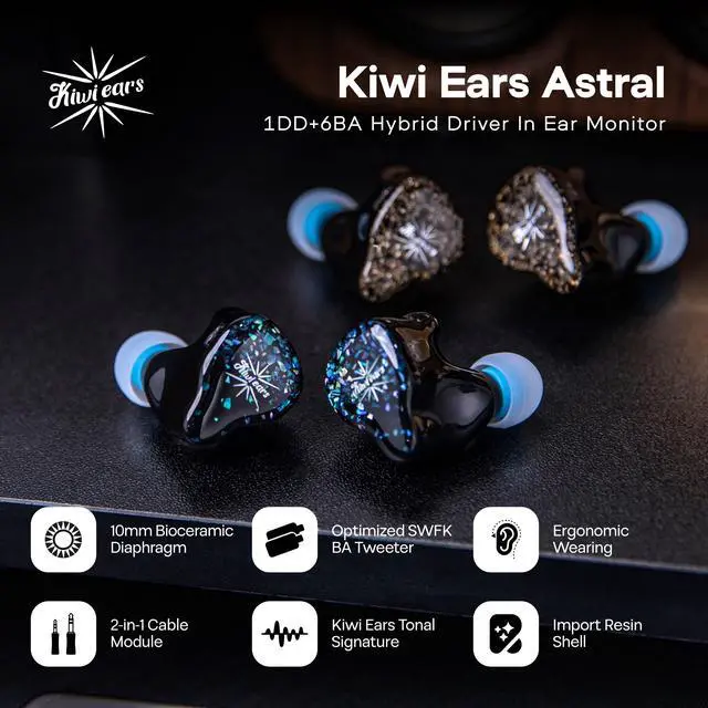 Alt view image 2 of 7 - Kiwi Ears Astral 1DD+6BA Hybrid in Ear Monitor, Wired Earbuds, HiFi Studio Recording &Mixing Earphone, Portable Gaming IEMs for Professional Music Engineers Audiophiles (Blue)