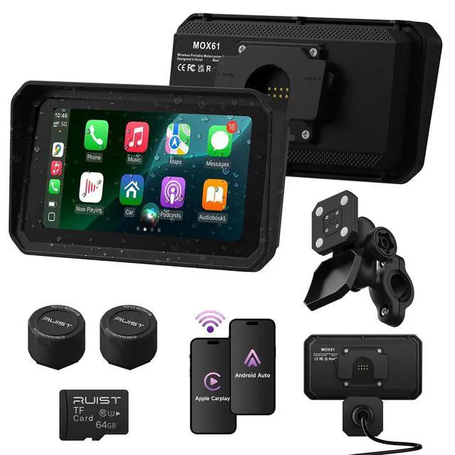 Main image of 6.1" Wireless Motorcycle CarPlay Screen with TPMS, Model MOX61 | Wireless Apple CarPlay & Android Auto, IP67 Waterproof GPS, Dual Bluetooth, Magnetic Mount, Voice Control