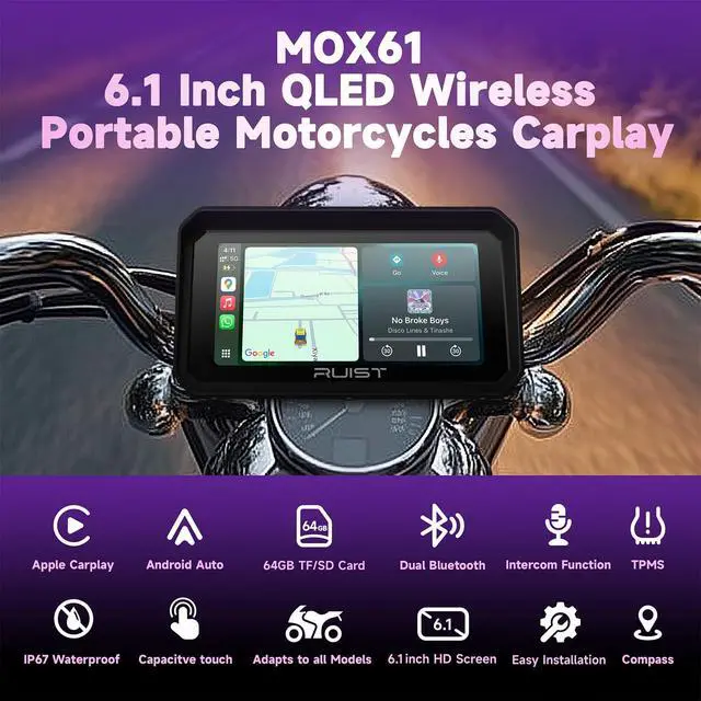 Alt view image 2 of 7 - 6.1" Wireless Motorcycle CarPlay Screen with TPMS, Model MOX61 | Wireless Apple CarPlay & Android Auto, IP67 Waterproof GPS, Dual Bluetooth, Magnetic Mount, Voice Control