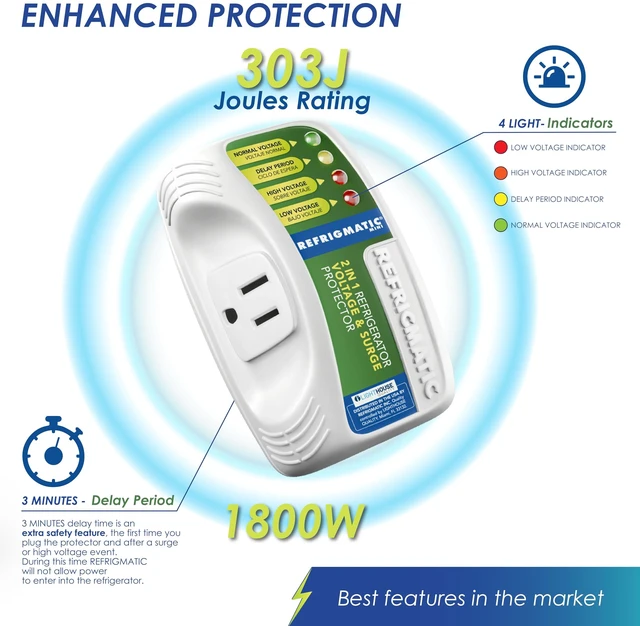 Alt view image 5 of 7 - 2 in 1 Voltage & Surge Protector for Refrigerators Protects refrigerators Up to 27 cu. ft. against high and low voltage, brownouts and spikes. Includes safety delay time