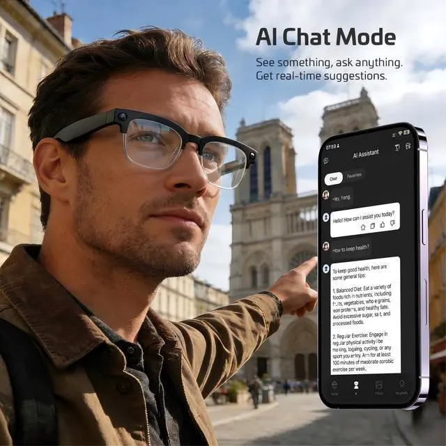 Alt view image 3 of 7 - 2026 AI Smart Glasses with Camera and Bluetooth,8MP 4K Camera Glasses,Supports AI Voice Control/Video/Photo/Audio Recording,Glasses with 133 Translation,Sunglasses Lenses+Photochromic for Men & Women