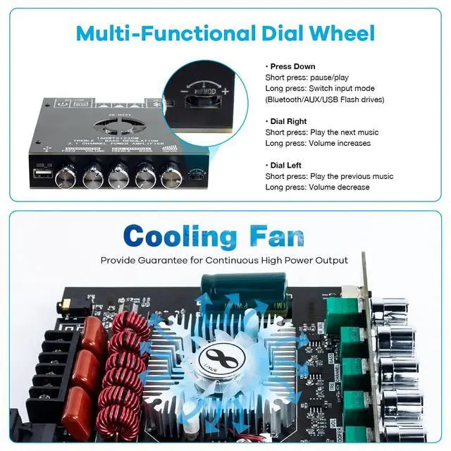 Alt view image 4 of 7 - ZK-HT21 TDA7498E Bluetooth Amplifier Board 160W×2+220W Subwoofer 2.1 Channel Audio Receiver Power Amplifier Module with Treble and Bass Control for DIY Speakers