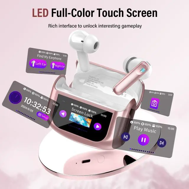Alt view image 4 of 7 - Wireless Earbuds, Bluetooth 5.4 Headphones with Multifunctional Touch Screen, 48H Bass Stereo Ear Buds with ANC/ENC Noise Cancelling/Transparency Mode, IPX7 Earphones with 5 EQ Modes, Pink