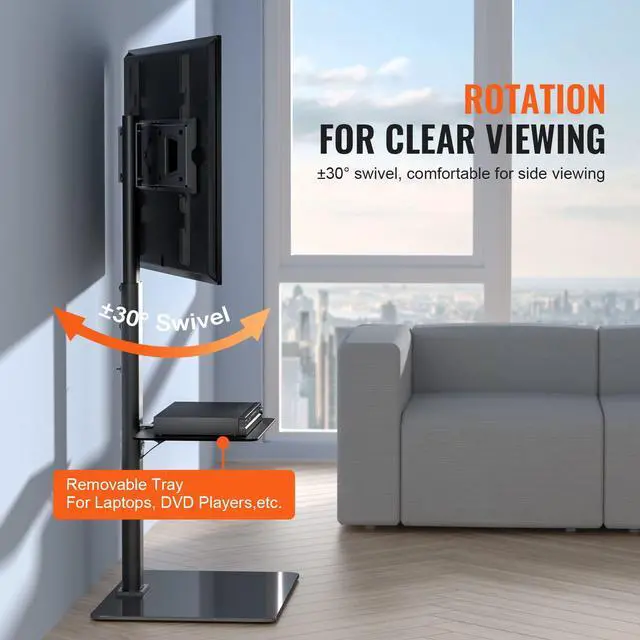 Alt view image 4 of 7 - TV Stand Mount, Adjustable Swivel Floor Stand for 32-65 Inch TVs, Portable with Tempered Glass Base, Height Adjustable for Living Room or Bedroom