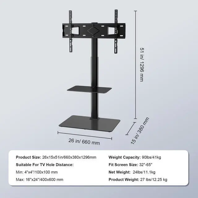 Alt view image 7 of 7 - TV Stand Mount, Adjustable Swivel Floor Stand for 32-65 Inch TVs, Portable with Tempered Glass Base, Height Adjustable for Living Room or Bedroom