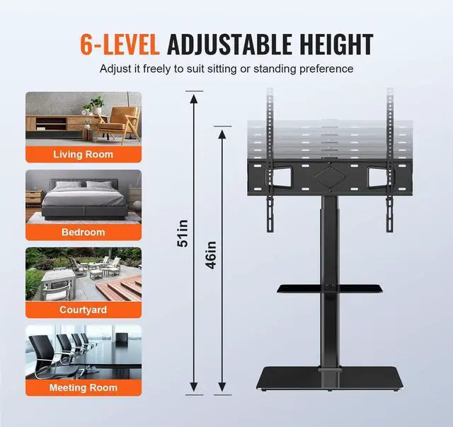 Alt view image 3 of 7 - TV Stand Mount, Adjustable Swivel Floor Stand for 32-65 Inch TVs, Portable with Tempered Glass Base, Height Adjustable for Living Room or Bedroom