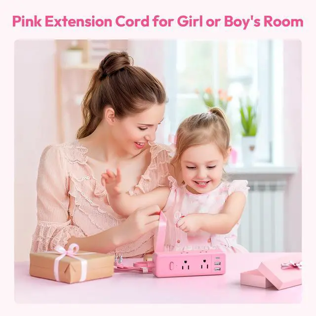 Alt view image 2 of 7 - Pink Extension Cord 10 ft, 1080 Joules Surge Protector Power Strip with 6 Widely Outlets 3 USB (1 USB C), Flat Plug Extension Cord Power Strip Long Cord for Home Office Dorm Room Essentials