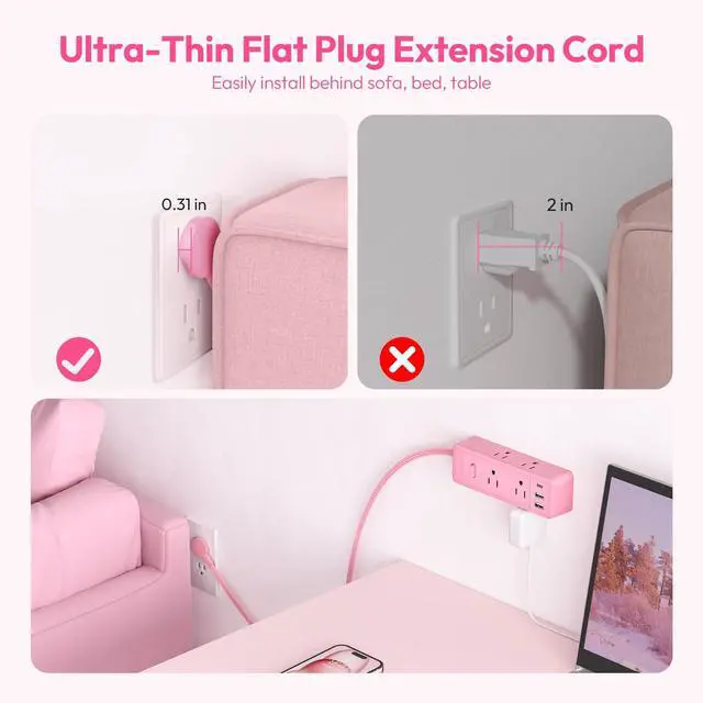 Alt view image 4 of 7 - Pink Extension Cord 10 ft, 1080 Joules Surge Protector Power Strip with 6 Widely Outlets 3 USB (1 USB C), Flat Plug Extension Cord Power Strip Long Cord for Home Office Dorm Room Essentials