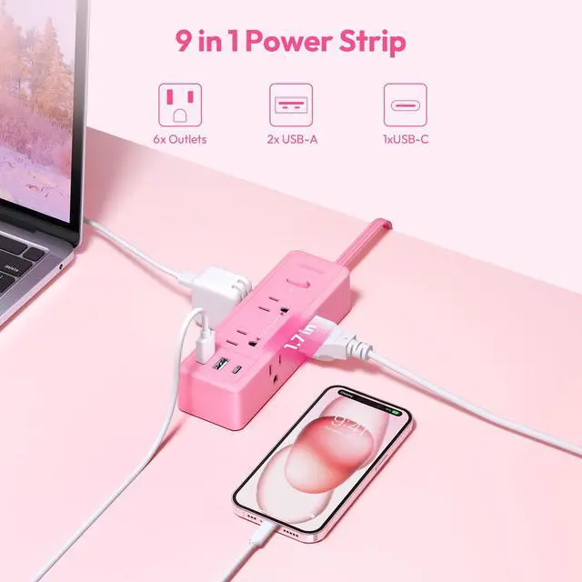 Alt view image 3 of 7 - Pink Extension Cord 10 ft, 1080 Joules Surge Protector Power Strip with 6 Widely Outlets 3 USB (1 USB C), Flat Plug Extension Cord Power Strip Long Cord for Home Office Dorm Room Essentials