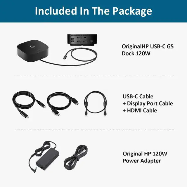 Alt view image 4 of 7 - HP Docking Station for Laptop Dual Monitor and Charging Bundle - HP USB-C G5 Dock with 120W AC Adapter, HDMI & DP Cable & USB-C Cable