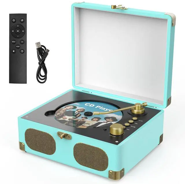 Main image of CD Player with Speakers Retro Portable CD Players for Home Music Player with Remote Control,V5.4 Bluetooth in&Out Desktop Suitcase CD Player with AUX in, Headphone Jack,USB PlaybackBlue