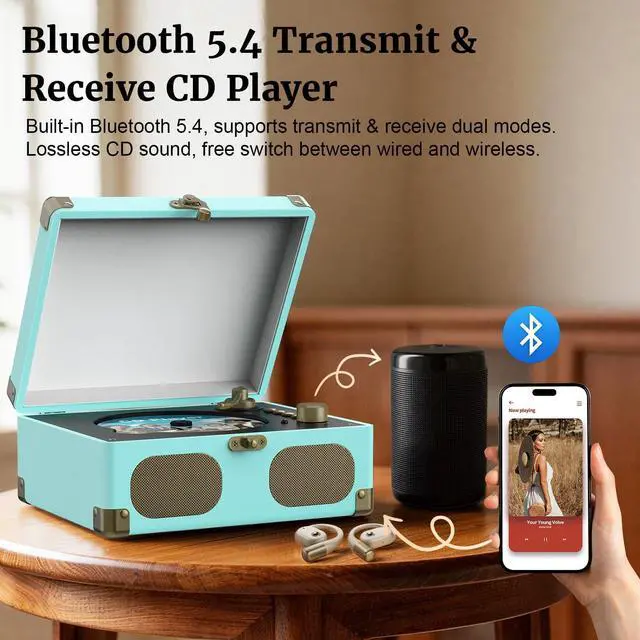 Alt view image 3 of 7 - CD Player with Speakers Retro Portable CD Players for Home Music Player with Remote Control,V5.4 Bluetooth in&Out Desktop Suitcase CD Player with AUX in, Headphone Jack,USB PlaybackBlue