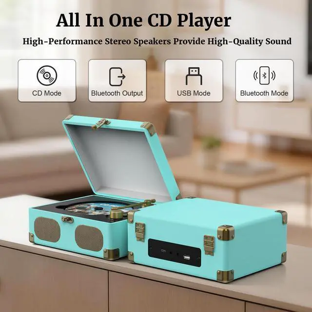 Alt view image 4 of 7 - CD Player with Speakers Retro Portable CD Players for Home Music Player with Remote Control,V5.4 Bluetooth in&Out Desktop Suitcase CD Player with AUX in, Headphone Jack,USB PlaybackBlue