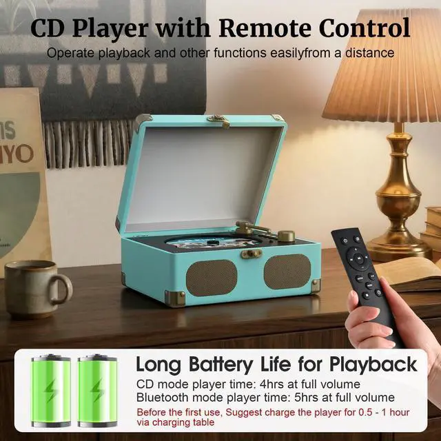 Alt view image 7 of 7 - CD Player with Speakers Retro Portable CD Players for Home Music Player with Remote Control,V5.4 Bluetooth in&Out Desktop Suitcase CD Player with AUX in, Headphone Jack,USB PlaybackBlue