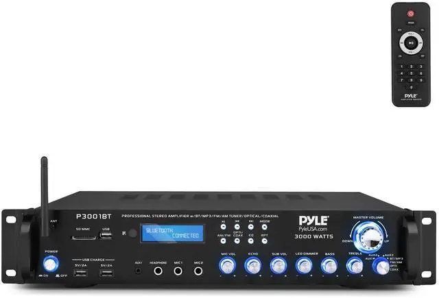 Main image of 3000W Multi-Channel Bluetooth Wireless Power Amplifier - Rack Mount - Stereo Receiver w/ FM Radio - USB/SD - Dual Mic w/ Echo - RCA - Headphone - LED Display - Cooling Fan - P3001BT