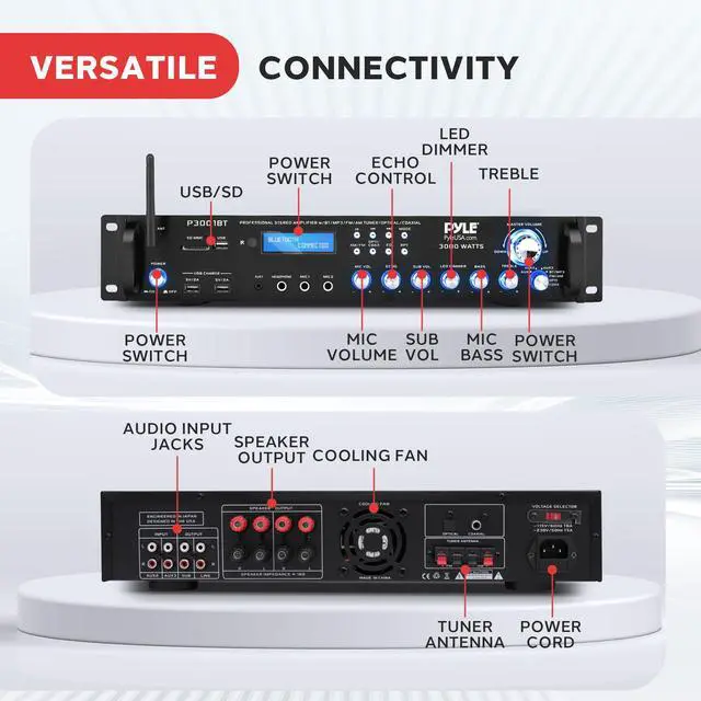 Alt view image 2 of 7 - 3000W Multi-Channel Bluetooth Wireless Power Amplifier - Rack Mount - Stereo Receiver w/ FM Radio - USB/SD - Dual Mic w/ Echo - RCA - Headphone - LED Display - Cooling Fan - P3001BT