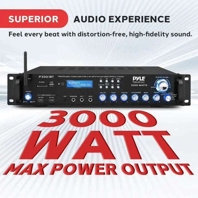 Alt view image 3 of 7 - 3000W Multi-Channel Bluetooth Wireless Power Amplifier - Rack Mount - Stereo Receiver w/ FM Radio - USB/SD - Dual Mic w/ Echo - RCA - Headphone - LED Display - Cooling Fan - P3001BT