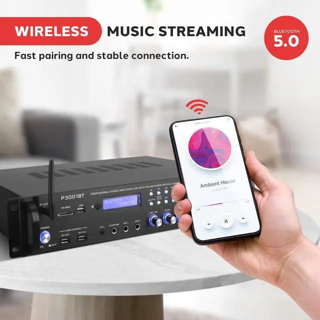 Alt view image 5 of 7 - 3000W Multi-Channel Bluetooth Wireless Power Amplifier - Rack Mount - Stereo Receiver w/ FM Radio - USB/SD - Dual Mic w/ Echo - RCA - Headphone - LED Display - Cooling Fan - P3001BT